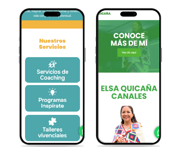 Vista previa de páginas web profesionales visualizadas en dispositivos móviles, mostrando diseños modernos, navegación intuitiva y adaptación responsiva para empresas, marcas y negocios.