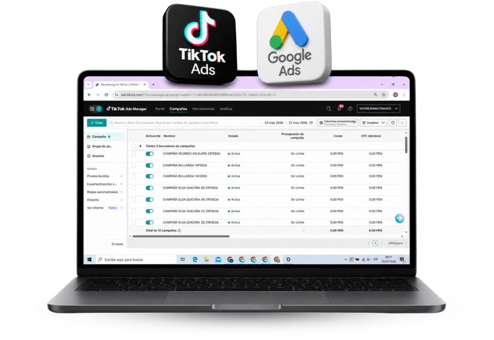 Gestión de campañas publicitarias en Google Ads y TikTok Ads, representando servicios de publicidad digital, anuncios segmentados y estrategias de marketing online.