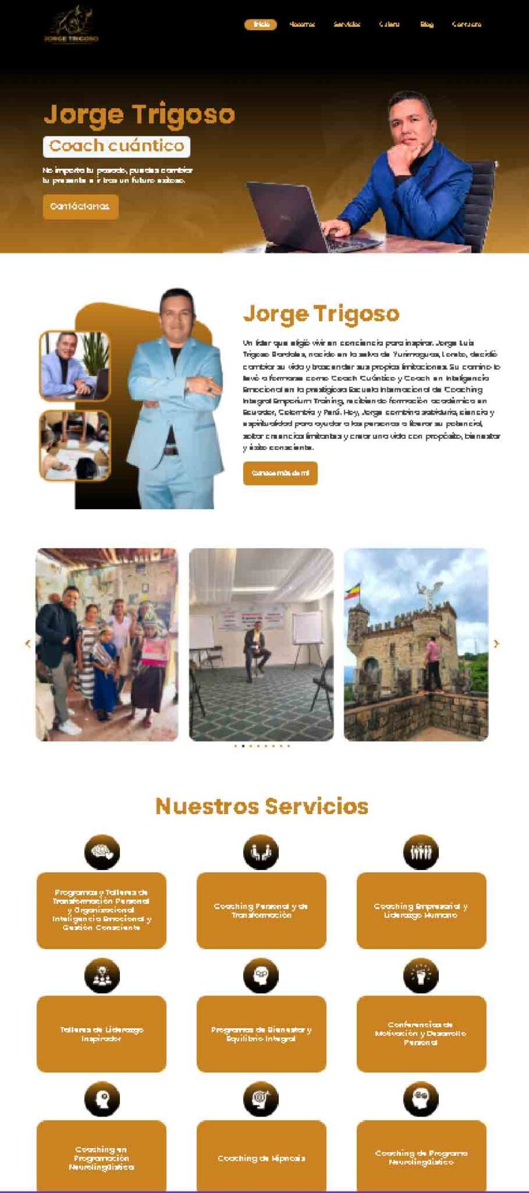 Diseño web profesional para consultor, coach y conferencista, con presentación de servicios, experiencia profesional, galería de actividades y sitio web adaptable a dispositivos móviles.