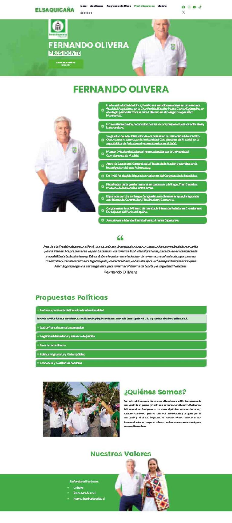 Sitio web informativo de campaña con presentación de candidato, propuestas, valores institucionales y contenido de interés para la comunidad.
