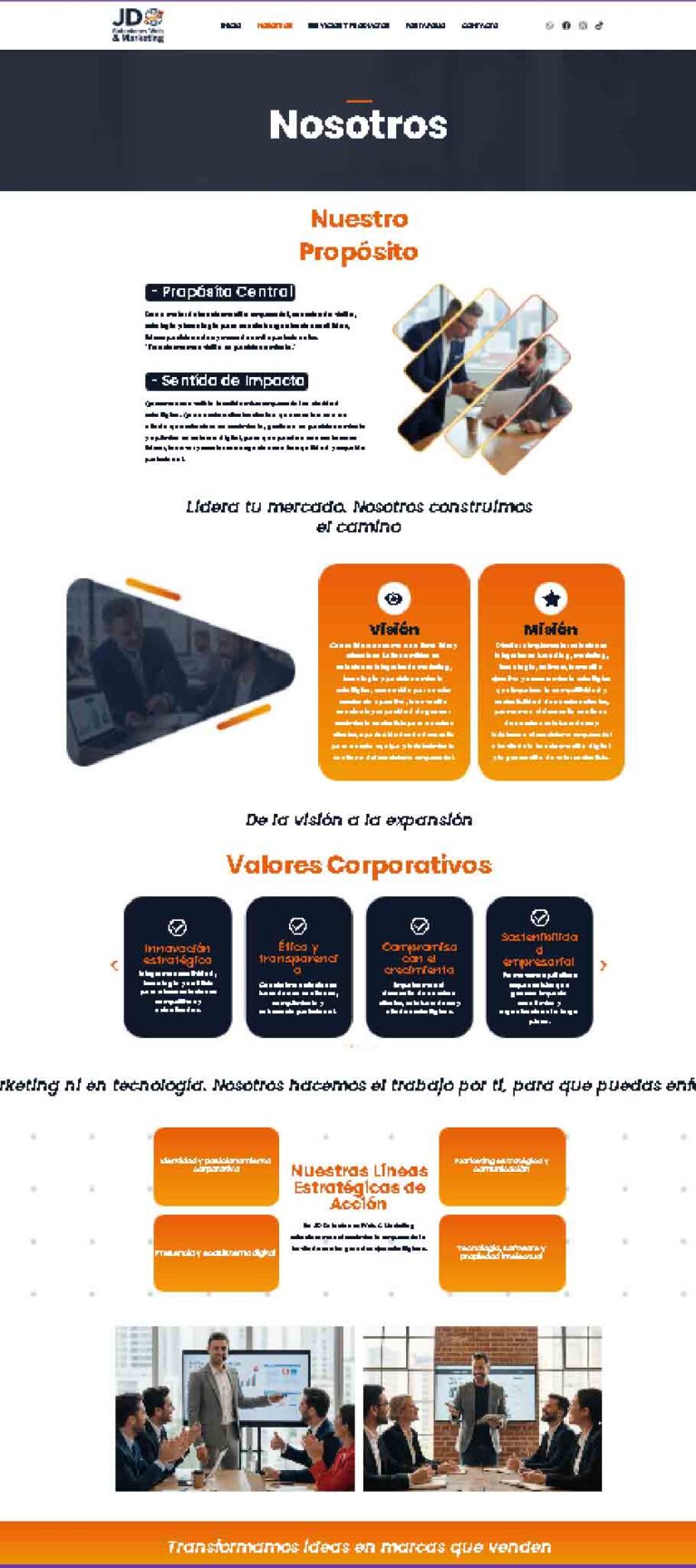 Página web corporativa con información institucional, propósito empresarial, misión, visión, valores corporativos y estrategias organizacionales.