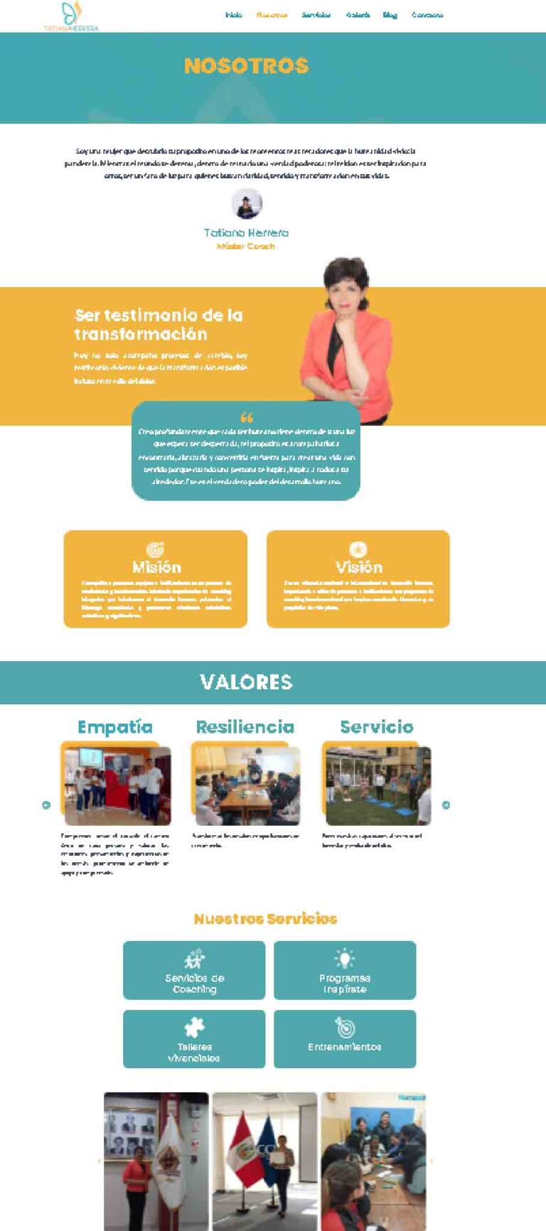 Página web profesional de desarrollo personal y coaching con información institucional, misión, visión, valores, servicios y testimonios.